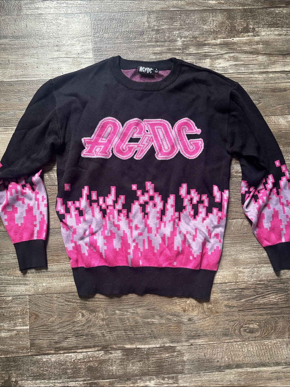 AC/DC Black Crewneck Sweater with Pink Flame Graphic